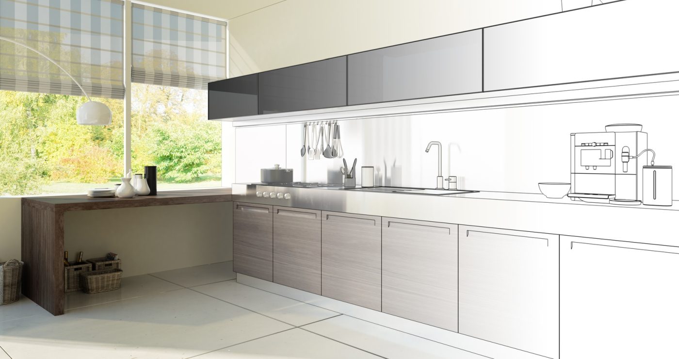 Küchenplanung als 3D-Visualisierung, halb Rendering, halb fertige Küche